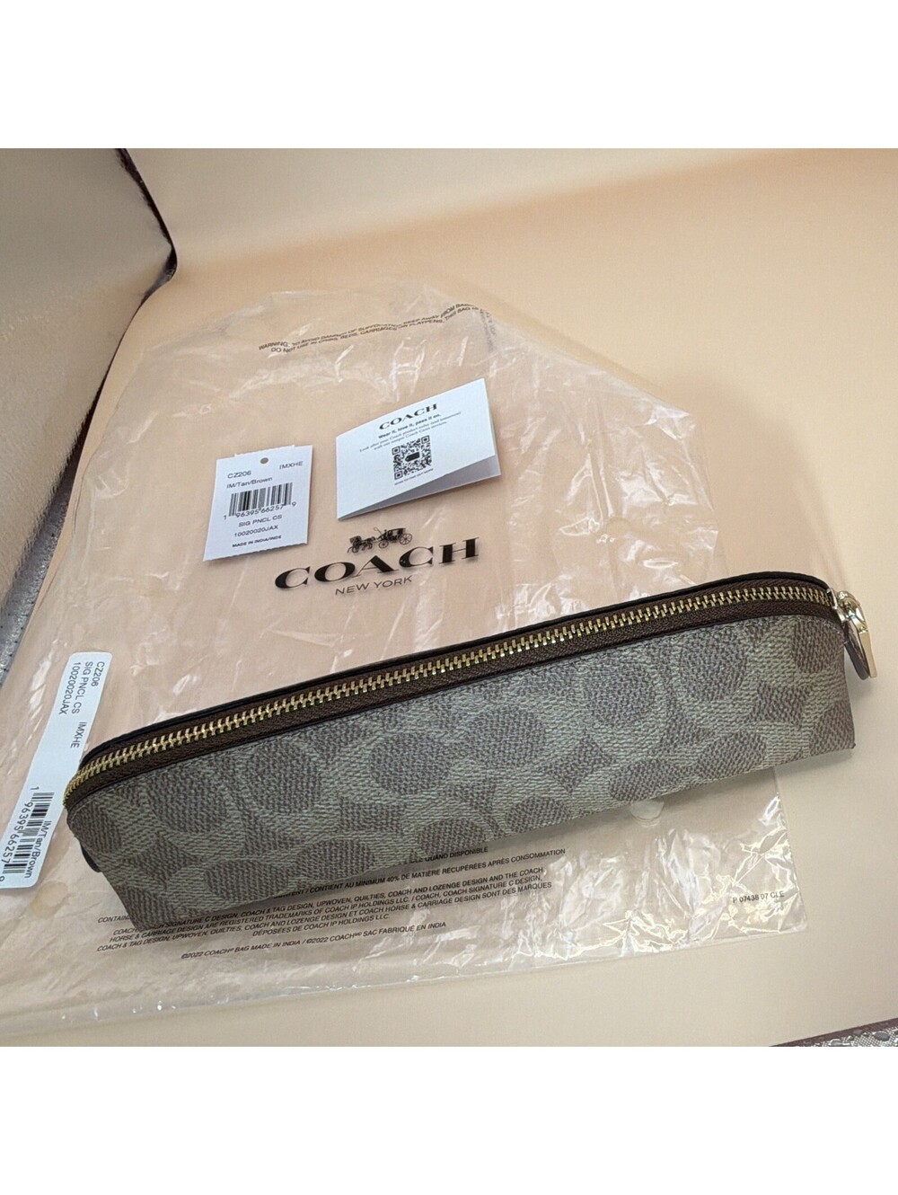 Coach CZ206 Canvas Pencil Case Zip Pouch Tan/Brown Signature Print